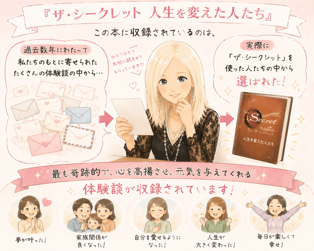 alt="『ザ・シークレット 人生を変えた人たち』に収録された、世界中から寄せられた『ザ・シークレット』の実践者による奇跡的で希望を与える体験談を紹介するストーリーイラスト"