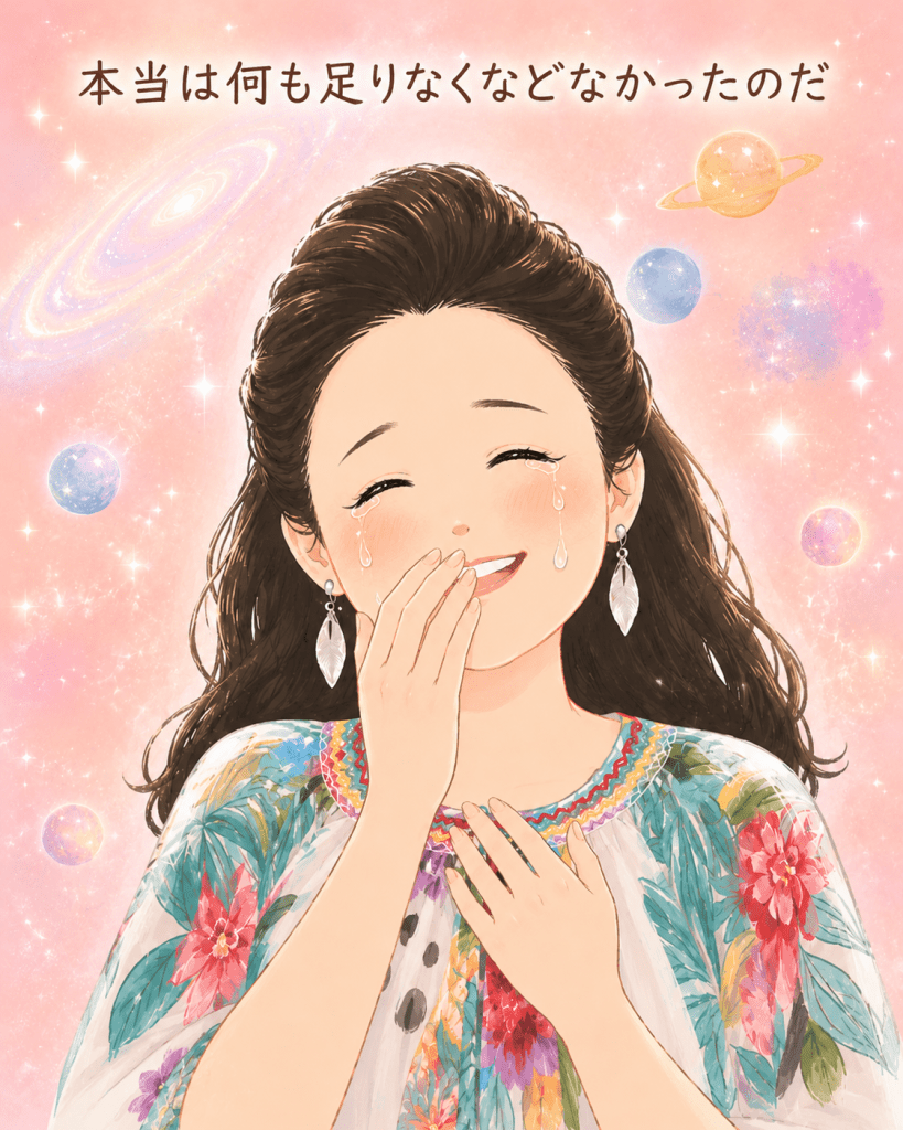 alt="宇宙の真実に気付き、「本当は何も足りなくなどなかったのだ」と深く悟り、おかしくて切なくて涙を流しながら微笑む著者・大木ゆきのさんのイラスト