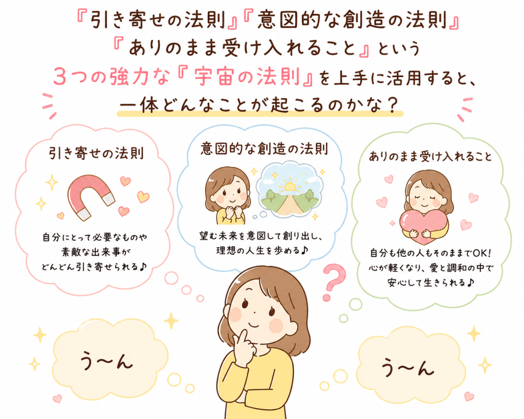 alt="「引き寄せの法則」「意図的な創造の法則」「ありのまま受け入れること」という3つの宇宙の法則を活用すると何が起こるのかを考える女性と、それぞれの法則がもたらす効果をわかりやすく説明したイラスト"
