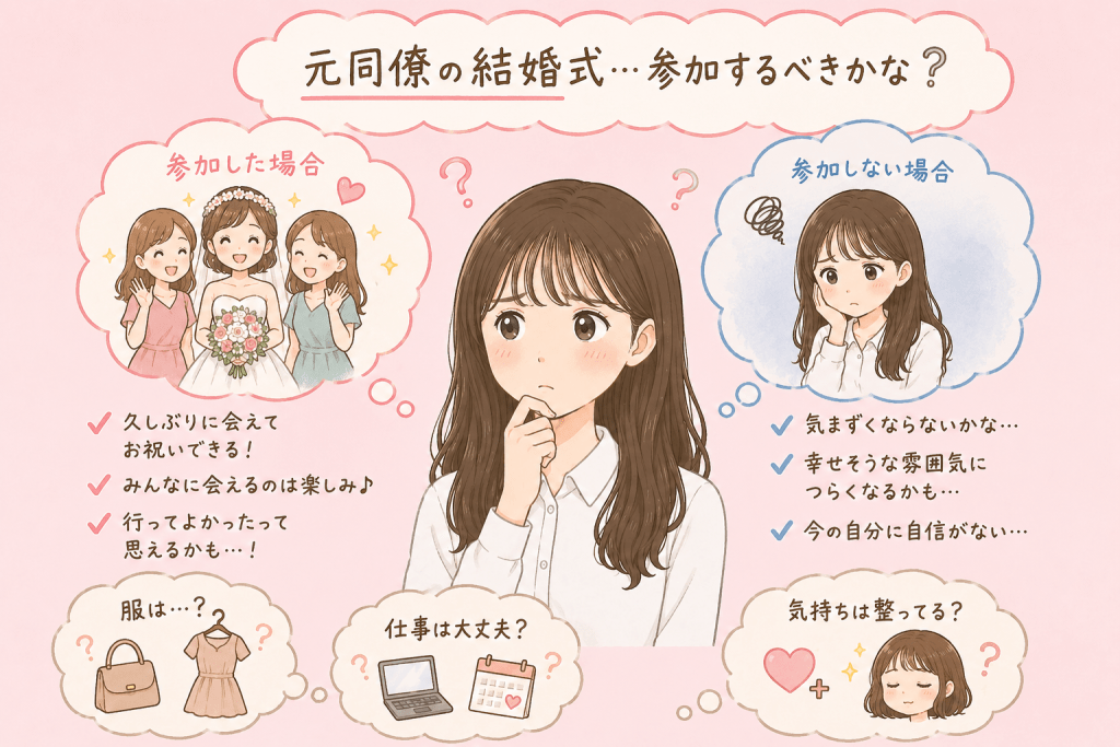 alt="仕事や恋愛で人生の転機を迎えたアラサー女性が、元同僚の結婚式に参加するべきかどうか悩み考えているイラスト"