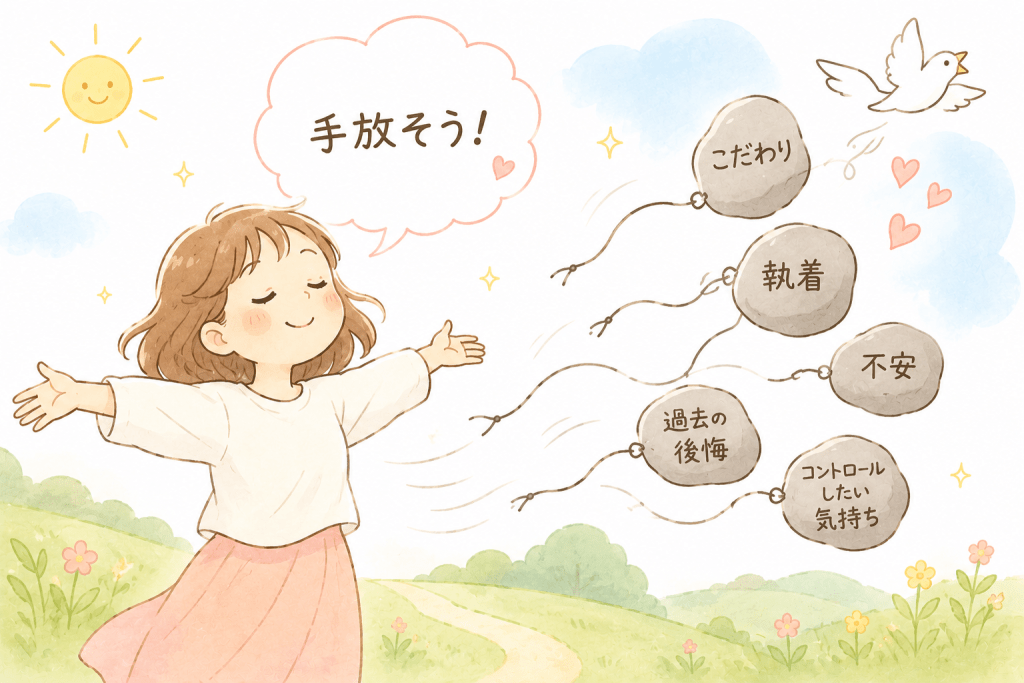 alt="こだわりや執着、不安、過去の後悔などを手放し、両手を広げて「手放そう!」と穏やかな表情を浮かべる女性のシンプルで可愛いイラスト"