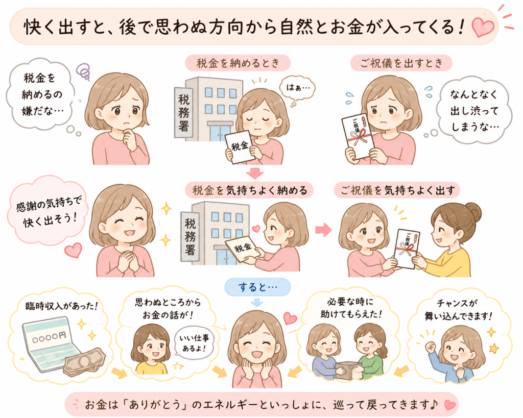 alt="税金やご祝儀を「嫌だ」と思って出すのではなく、感謝の気持ちで気持ちよくお金を出すことで、後から臨時収入や仕事、人との助け合い、チャンスなど、思わぬ形で豊かさが巡ってくることを、シンプルで可愛いイラストで表現している"