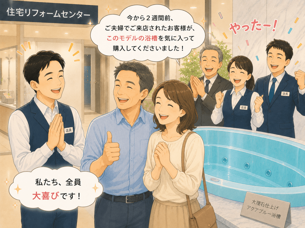 alt="住宅リフォームセンターで、ご夫婦のお客様が浴槽を購入し、店員や店長、オーナー全員が喜びを分かち合うイラスト"