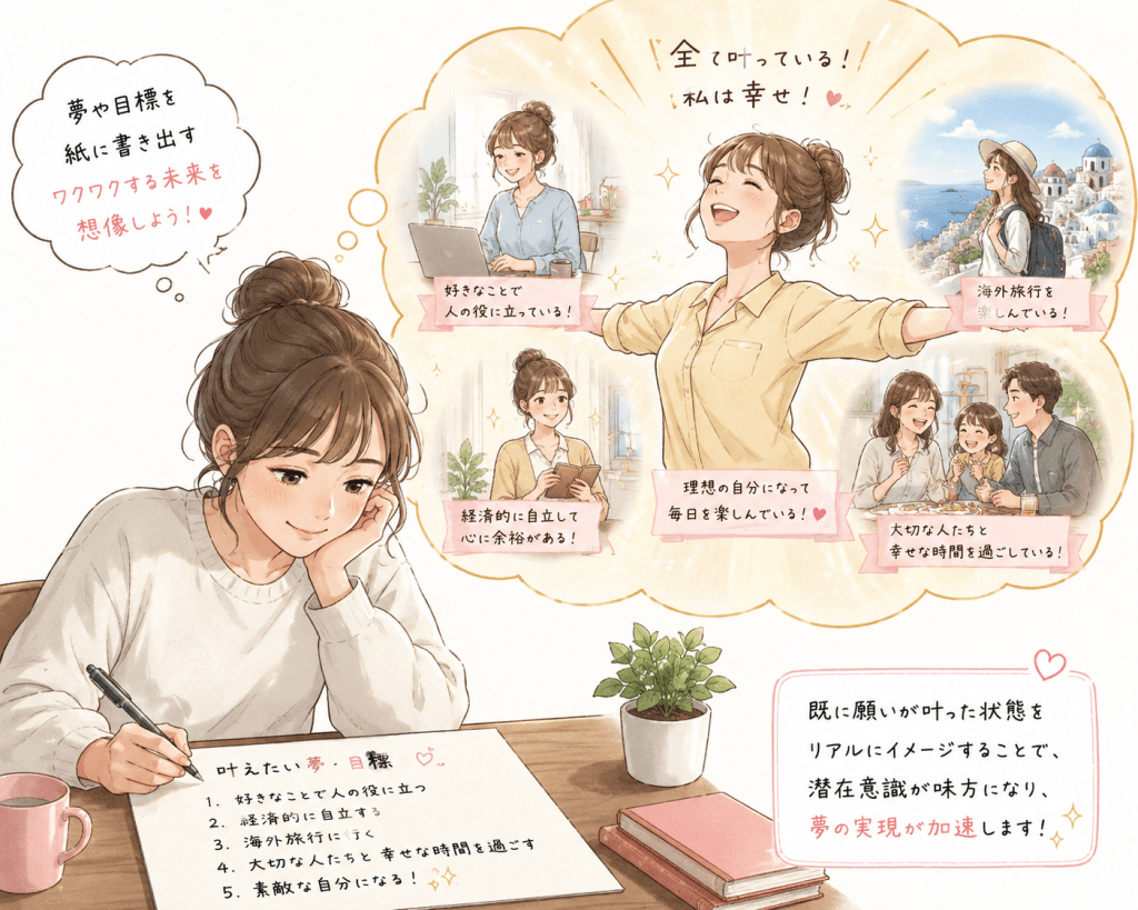 alt="夢や目標を紙に書き、願いが叶った未来を具体的にイメージしている人物のイラスト"