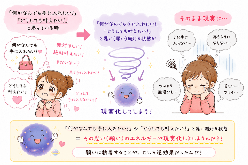 alt="引き寄せの法則では、「何がなんでも手に入れたい」「どうしても叶えたい」という執着や欠乏感を抱き続けると、その願い続ける状態が現実化し、願いへの執着が逆効果になる仕組みを解説したイラスト"