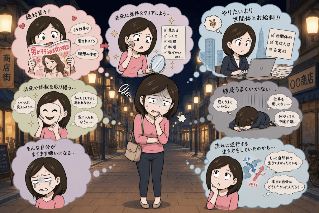 alt="夜の商店街で、無理をして生きてきた過去を振り返り、自分らしい生き方について考え込む女性のイラスト"