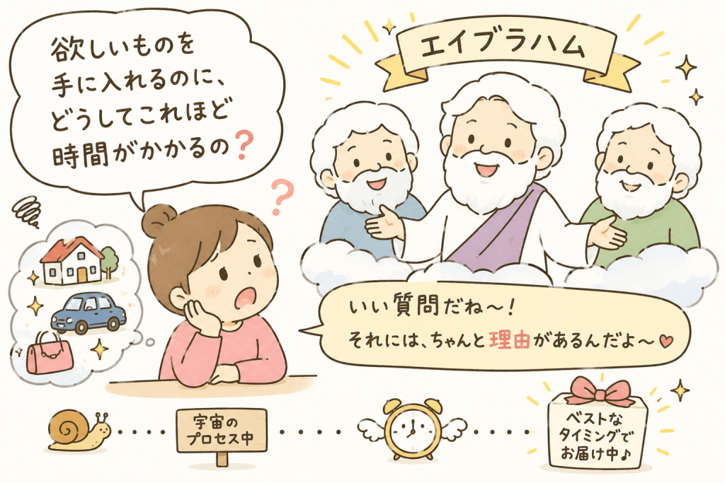 alt="エイブラハムに「欲しいものを手に入れるのに、どうしてこれほど時間がかかるの?」と質問する人物を描いたシンプルで可愛いイラスト"