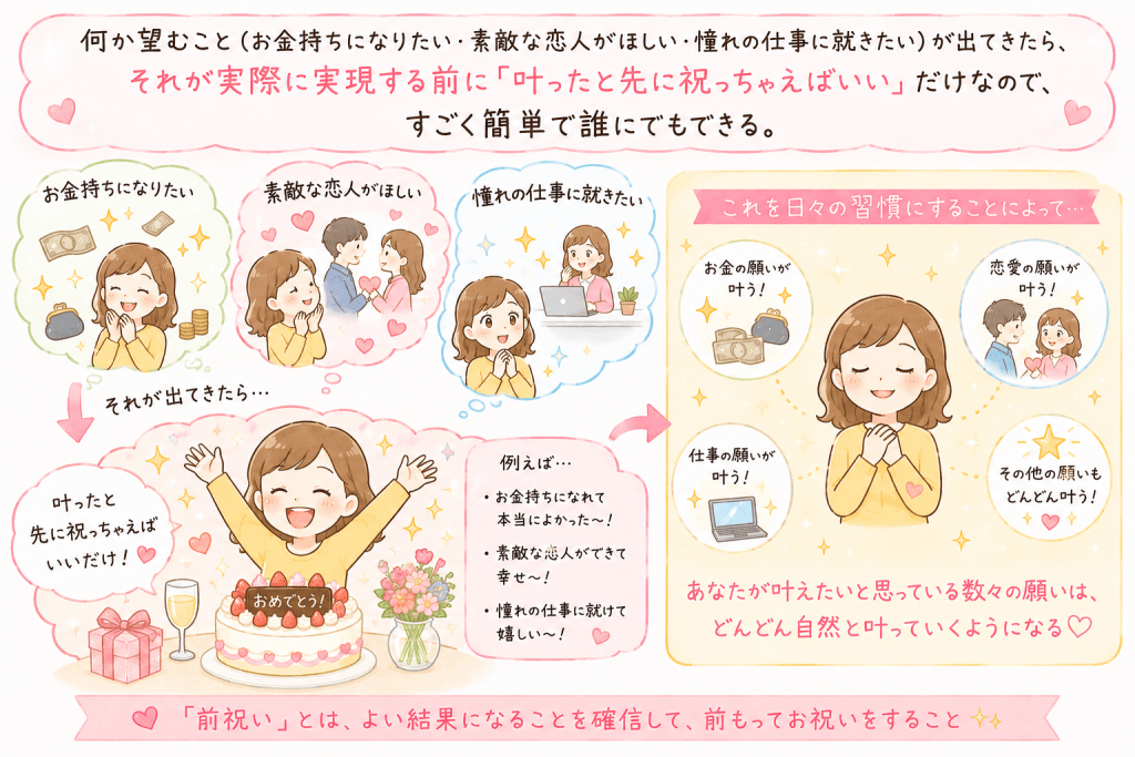 alt="願いが叶う前から「叶った!」と喜んで前祝いをする習慣が、願いの実現につながることを表現したシンプルで可愛いイラスト"