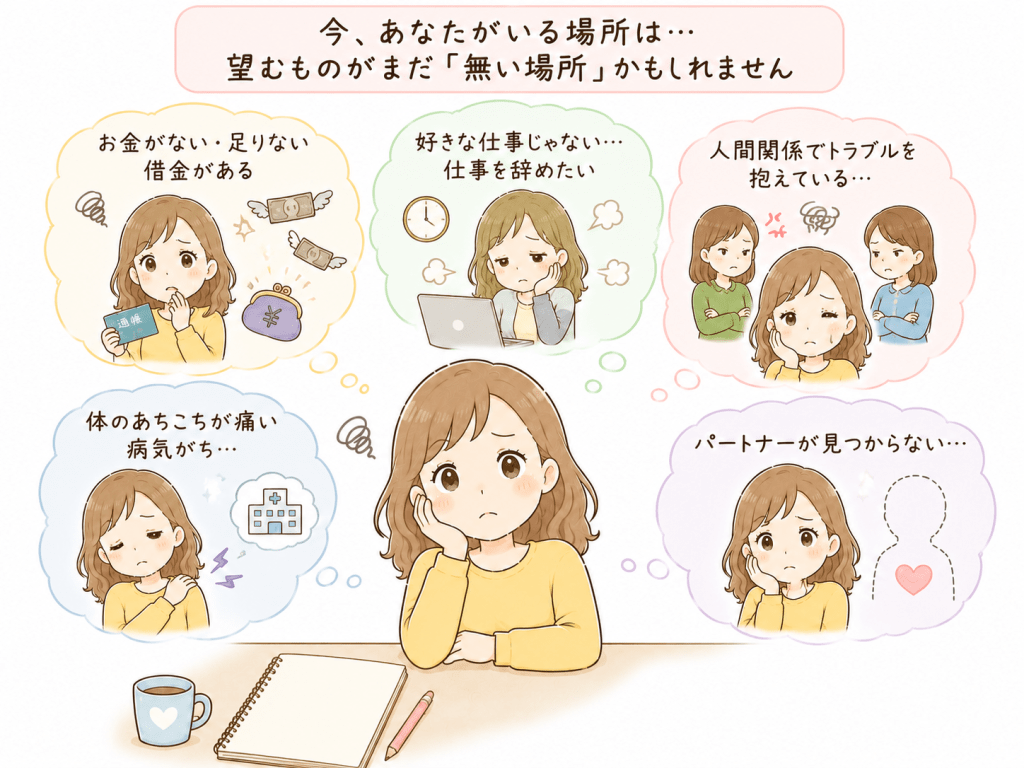 alt="お金・仕事・人間関係・健康・恋愛の悩みを抱える女性と、『今はまだ望むものが無い場所』から変われることを伝えるシンプルで可愛いイラスト"