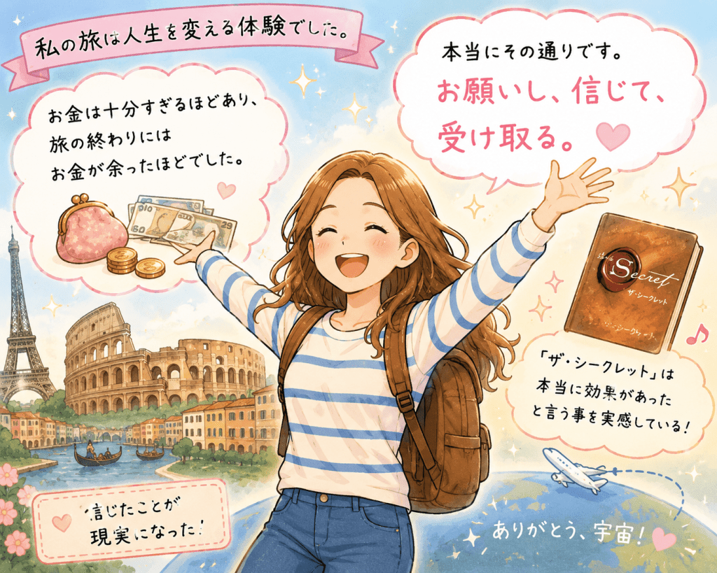 alt="『ザ・シークレット』を実践したことでヨーロッパ旅行の夢を実現し、人生を変える体験と十分な豊かさを受け取り、「お願いし、信じて、受け取る」の大切さを実感して喜ぶ女性を描いたハッピーエンドのストーリーイラスト"