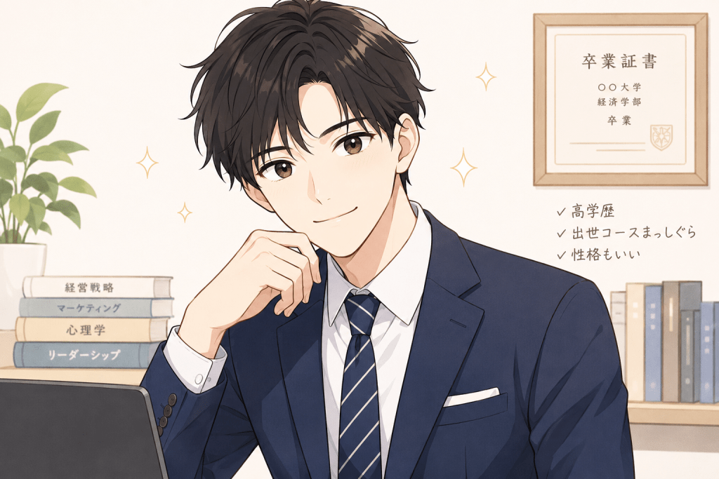 alt="高学歴で仕事もできる、性格の良いイケメン会社員のイラスト"