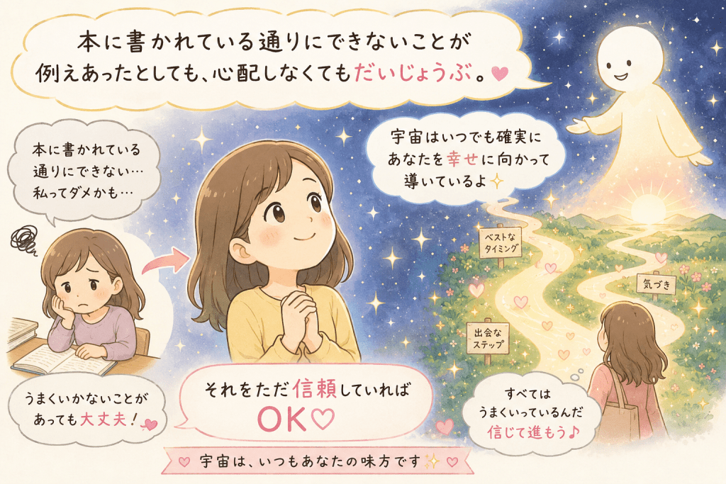 alt="本の内容を完璧に実践できなくても心配はいらない。宇宙はいつでもあなたを幸せへ導いているので、安心して信頼しながら進めばよいというメッセージを描いたイラスト"