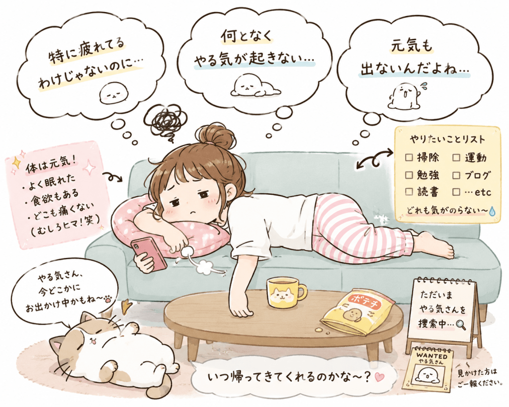 alt="「特に疲れているわけじゃないのに、何となくやる気が起きない」「元気も出ない」と悩みながらソファでぐったり過ごす人物と、「やる気さん捜索中」のユーモラスな演出を描いた可愛いイラスト"