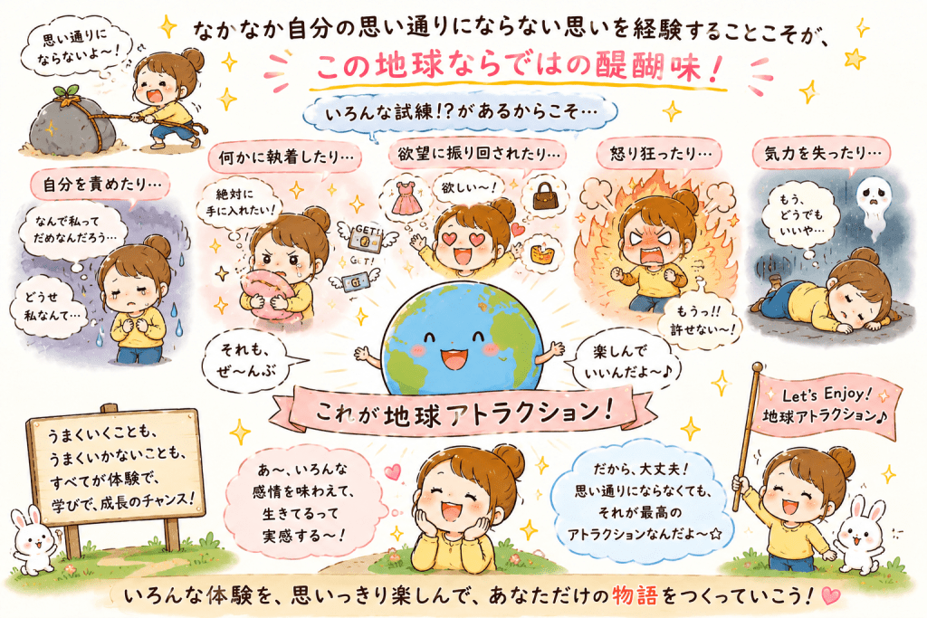 alt="思い通りにならない経験も地球ならではの醍醐味。自分を責める・執着する・怒る・落ち込むなどの感情も人生のアトラクションとして楽しもうと伝えるイラスト"