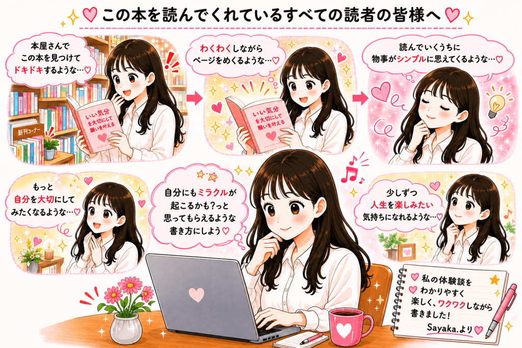 alt="本屋で本を見つけてドキドキし、ワクワクしながらページをめくる読者を想像し、自分を大切にして人生を楽しみ、ミラクルへの期待を持てるような体験談を執筆するSayaka.さんのイラスト"