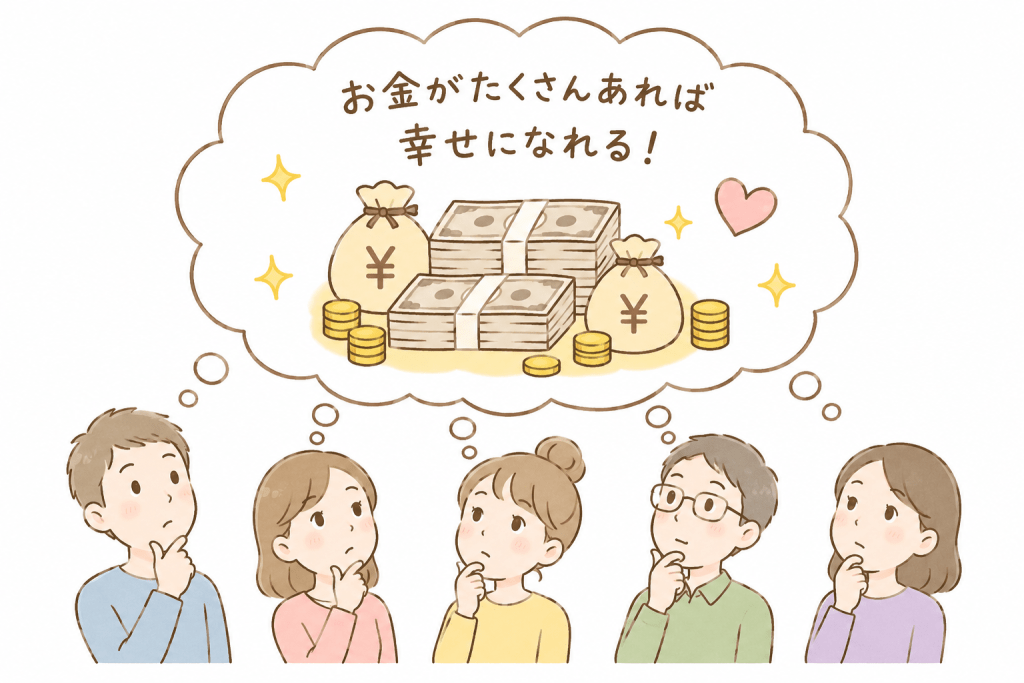 alt="多くの人が「お金がたくさんあれば幸せになれる」と考えていることを表現したシンプルなイラスト"