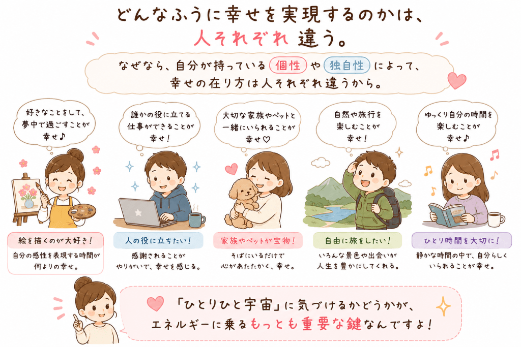 alt="幸せの形は人それぞれ違い、自分だけの個性や独自性を大切にすること、そして「ひとりひと宇宙」という考え方に気づくことが、自分らしく幸せに生きるための鍵であることを解説した可愛い説明イラスト"