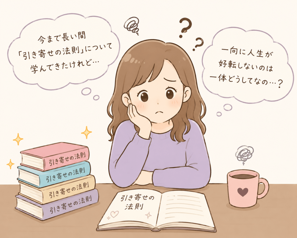 alt="引き寄せの法則を長年学んでも人生が好転せず、悩みや疑問を抱えている女性のイラスト"