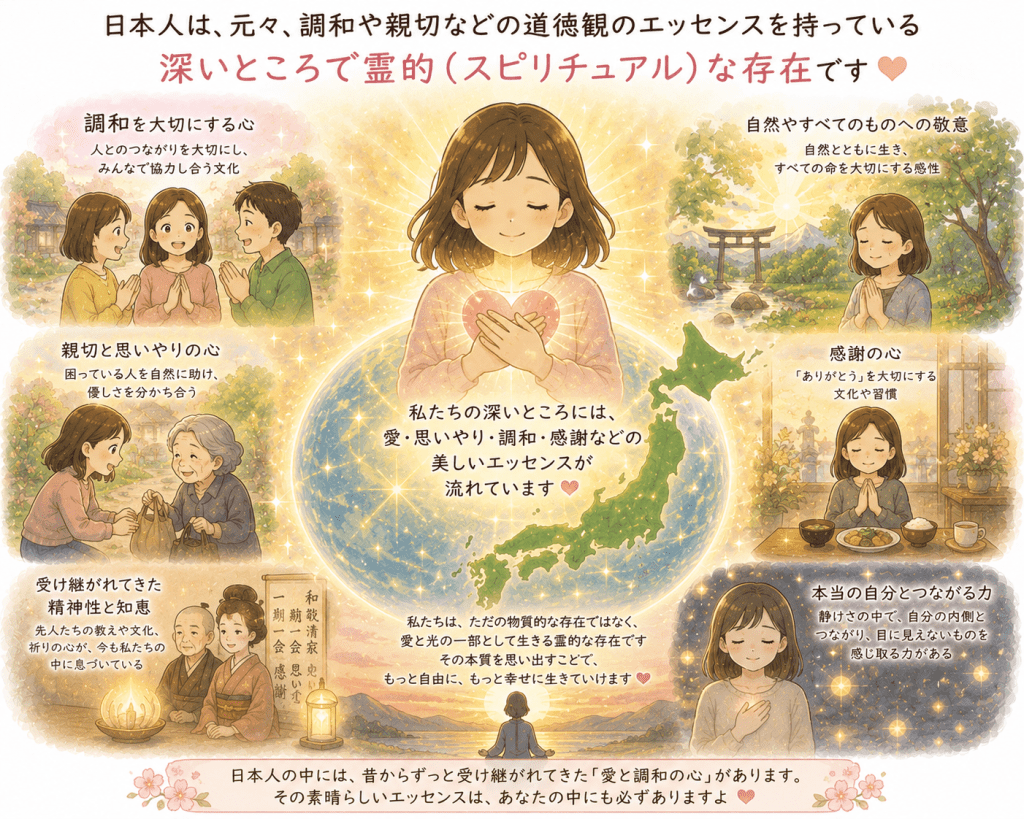alt="日本人には古くから受け継がれてきた調和や思いやり、感謝、自然を敬う心などの美しい価値観があり、その深いところには霊的（スピリチュアル）な本質が息づいていることを分かりやすく表現したイラスト"