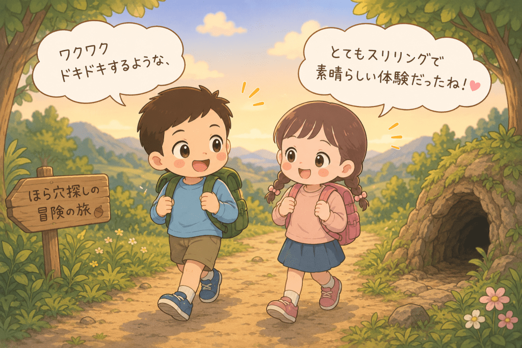 alt="小学校を抜け出してほら穴探しの冒険に出かけたセスとサラが、帰り道にリュックを背負って歩きながら、ワクワクドキドキするスリリングで素晴らしい体験だったと笑顔で語り合う可愛いイラスト"