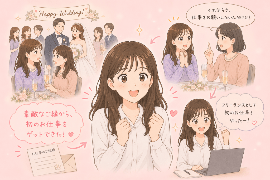 alt="元同僚の結婚式で仕事を依頼され、フリーランスとして初の仕事を獲得して喜ぶ女性のイラスト"