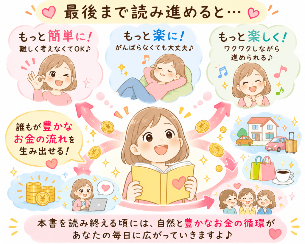 alt="本を読み進めるほど、お金の流れがわかり、簡単に・楽に・楽しく、豊かなお金の循環を生み出せるようになることを説明するシンプルで可愛いイラスト"
