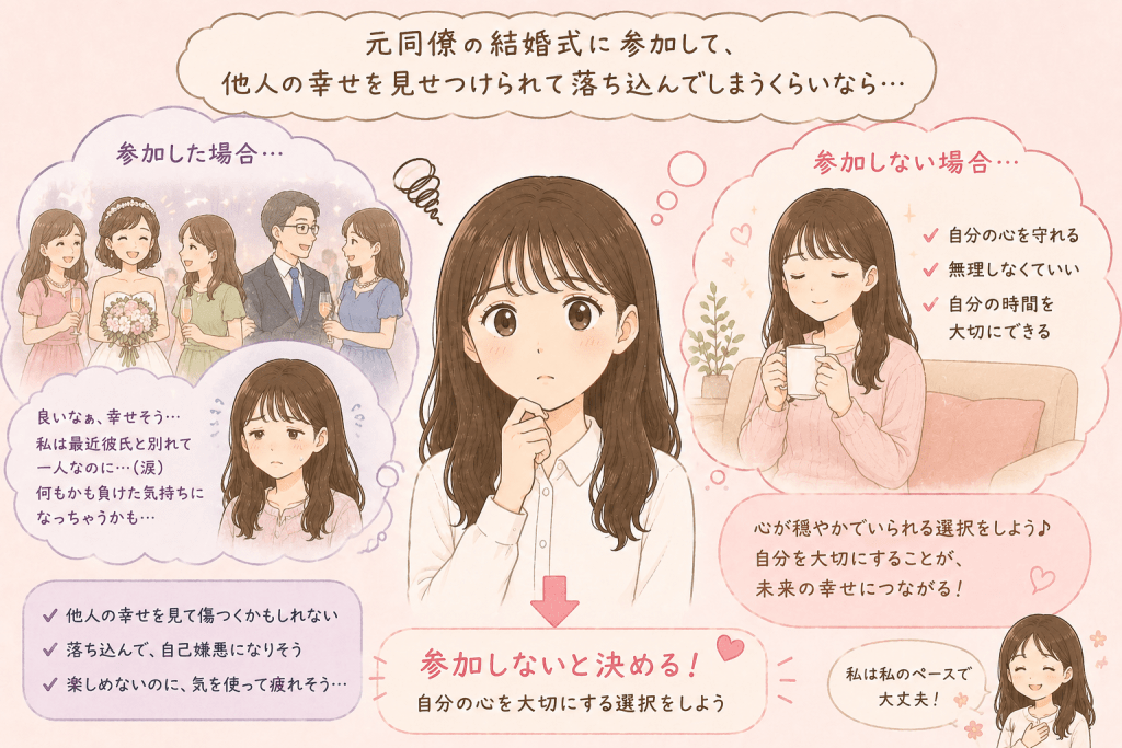 alt="元同僚の結婚式で幸せそうな人たちを見て自分と比べて落ち込むくらいなら、自分の心を大切にして結婚式に参加しないことを決断した女性のイラスト"