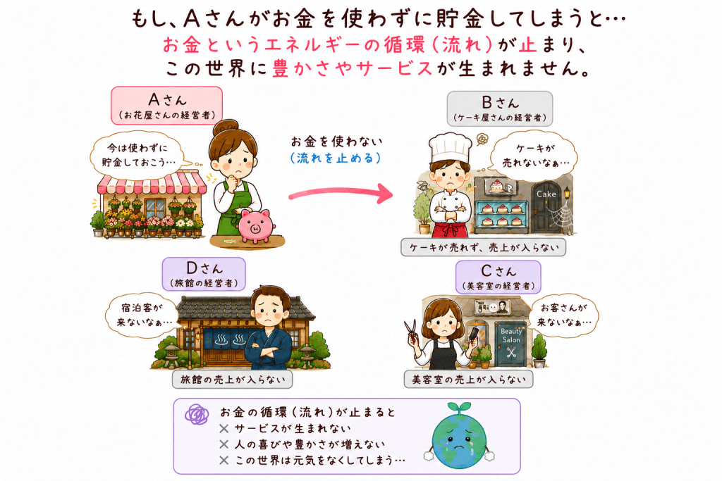 alt="Aさんが1万円を貯金してお金の流れが止まり、ケーキ屋さん・美容室・旅館へお金が循環しなくなる様子を説明した可愛いイラスト"