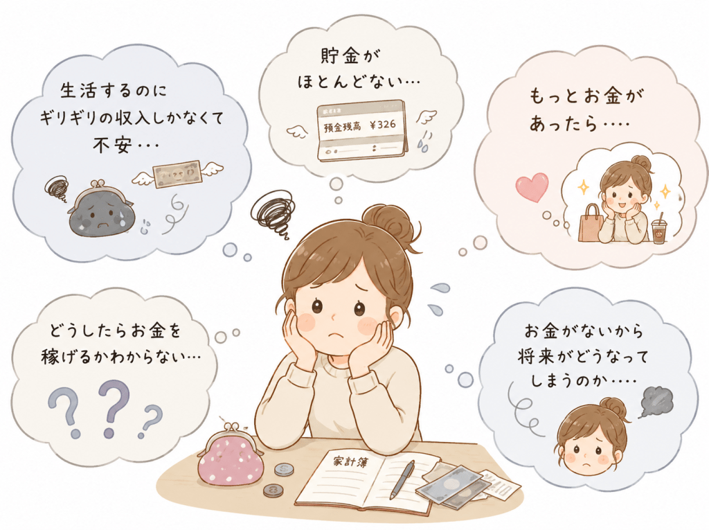 alt="生活費や貯金、将来への不安など、お金の悩みを抱えて不安そうに考え込む人物を描いた可愛いイラスト"