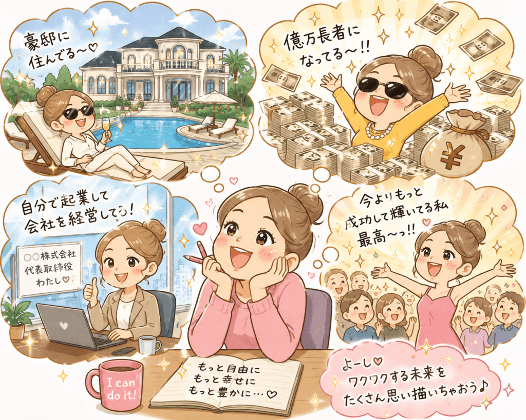alt="豪邸に住み、億万長者となり、起業して成功した未来の自分を鮮明にイメージしている人物を描いた、引き寄せの法則をテーマにした可愛いイラスト"