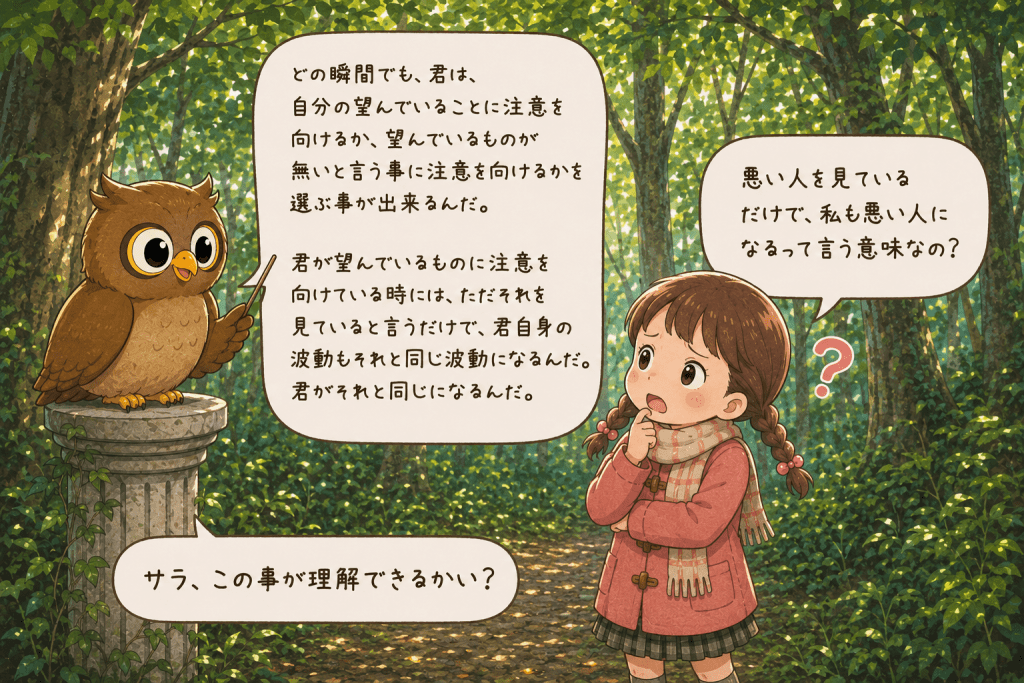 alt="林の中でフクロウのソロモンが、望むことに注意を向けると同じ波動になると説明し、サラが悪い人を見るだけで自分も悪い人になるのかと疑問を投げかけるイラスト"