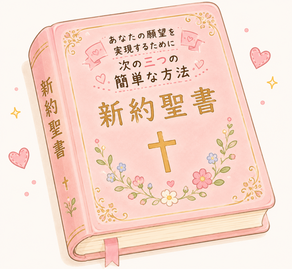 alt="「あなたの願望を実現するために次の三つの簡単な方法」と書かれた、可愛いデザインの『新約聖書』を描いたイラスト"