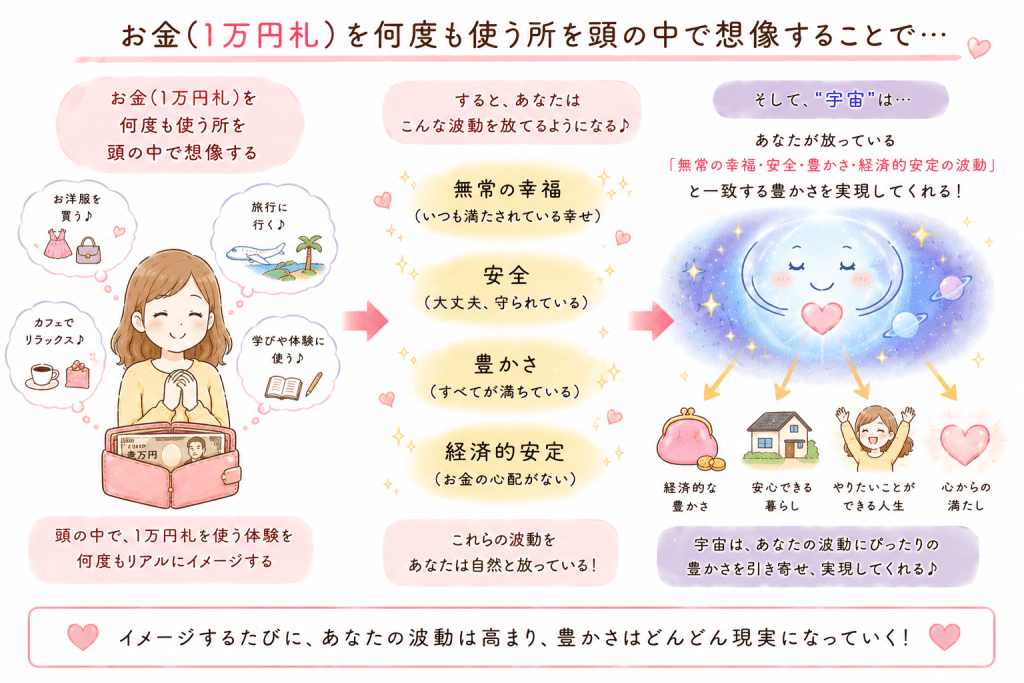 alt="万円札を何度も使う場面を頭の中でイメージすることで、「満ち足りた幸福」「安全」「豊かさ」「経済的安定」の波動を放ち、その波動と一致する豊かさを宇宙が実現してくれるという考え方を、シンプルに解説したイラスト"