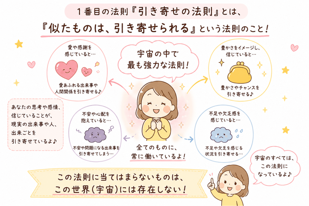 alt="宇宙で最も強力な「引き寄せの法則」は、似たもの同士が引き寄せられ、すべてのものに常に働いている普遍的な法則であることを、わかりやすく図解したイラスト"