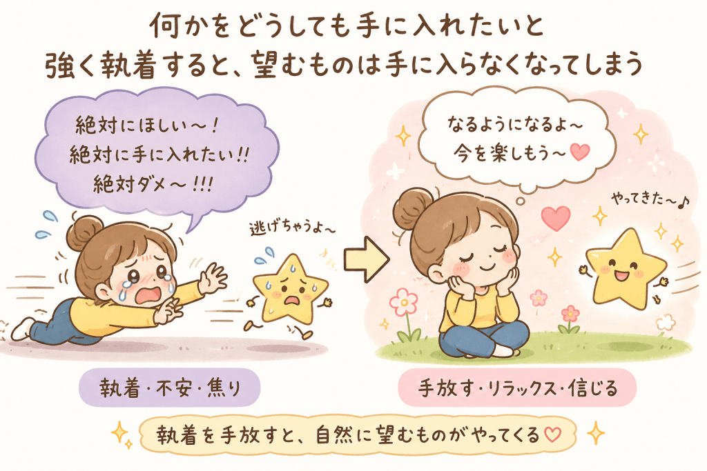 alt="欲しいものへの強い執着と不安を手放し、リラックスすると望むものが自然とやってくることを説明するイラスト"