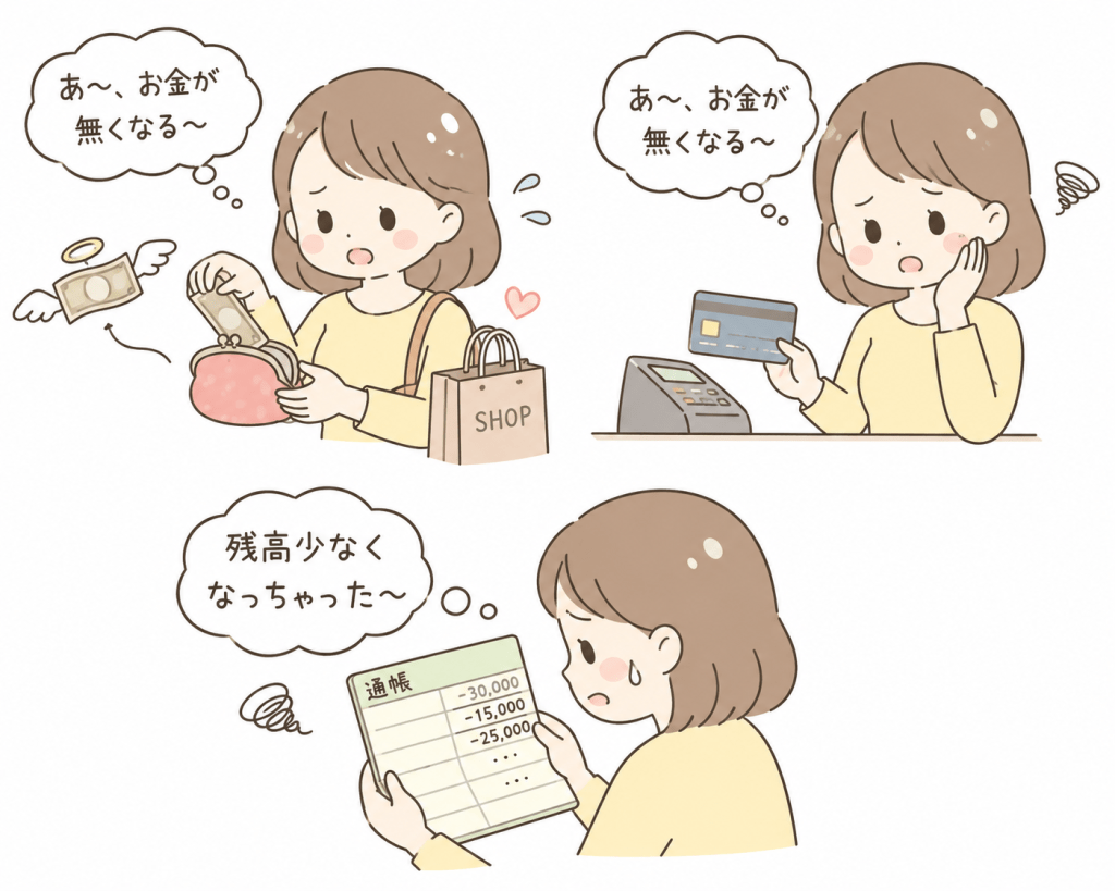 alt="買い物やクレジットカードの支払い、口座からの引き落としでお金が減ることを不安に感じる女性のイラスト"