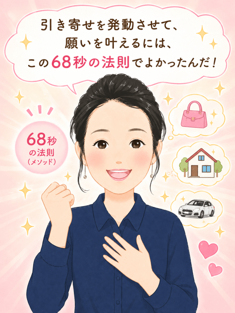 alt="68秒の法則で引き寄せが発動し、願いが叶うことを確信したスピリチュアルakikoさんのイラスト。願いが叶った気持ちを68秒間味わう引き寄せメソッドを表現している"