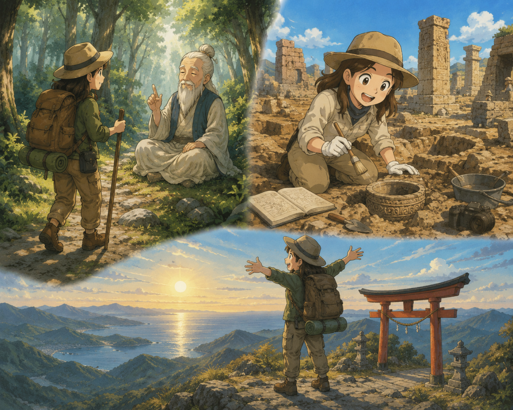 alt="賢者との出会いや古代遺跡の発掘、パワースポットへの旅など、未知の世界を探求する冒険者を描いたイラスト"