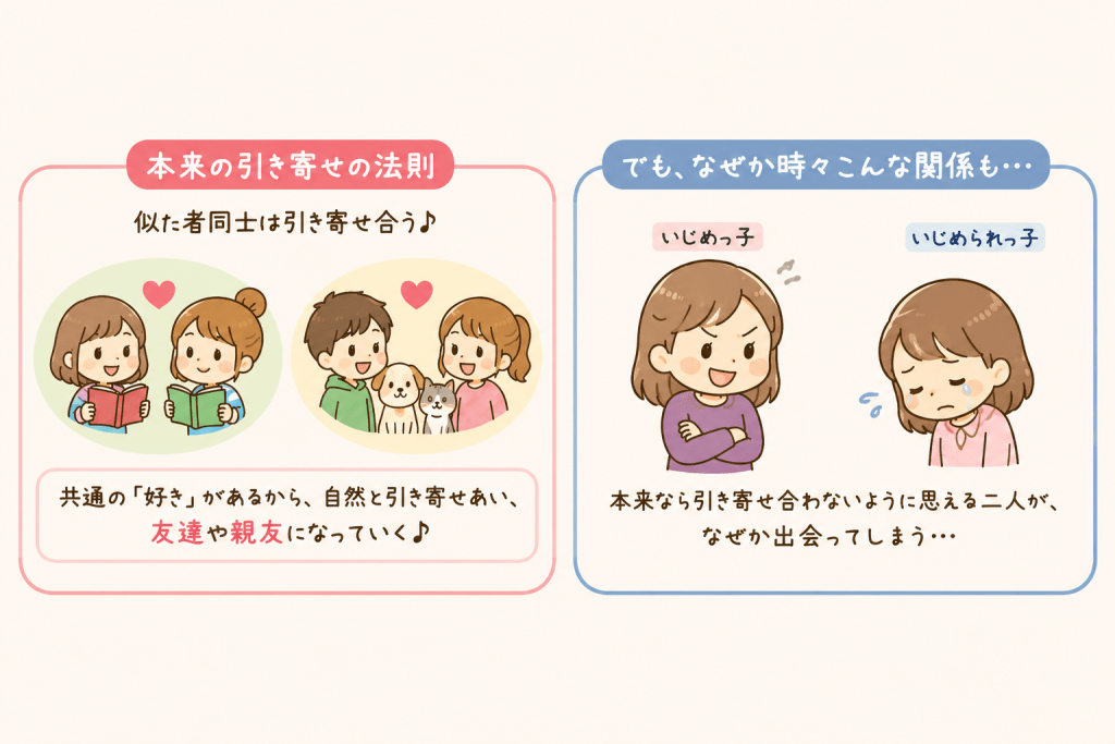 alt="似た者同士が共通の好みを通じて友達になる一方、いじめっ子といじめられっ子のような本来なら引き寄せ合わないように見える二人が出会う疑問を示した引き寄せの法則のイラスト"