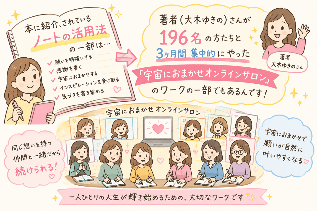 alt="本で紹介されているノート活用法の一部が、著者・大木ゆきのさんが196名と3か月間行った「宇宙におまかせオンラインサロン」のワークでもあることを、オンライン参加者とノートを使って説明するイラスト"