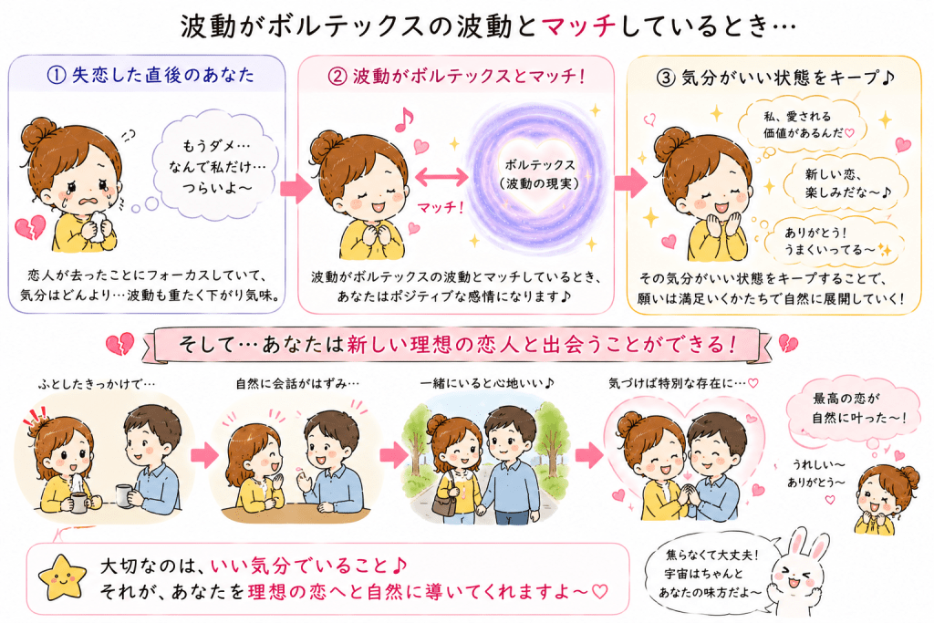 alt="ボルテックス（波動の現実）と波動がマッチするとポジティブな気持ちになり、その状態を保つことで願いが自然に展開し、理想の恋人との出会いにつながることを解説した可愛いイラスト"