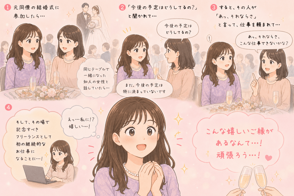 alt="元同僚の結婚式で知人女性から仕事を紹介され、フリーランスとして初めての継続的な仕事が決まり驚きながら喜ぶ女性のイラスト"