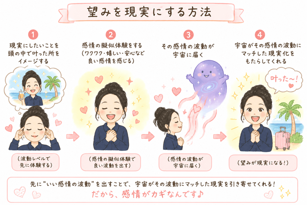alt="引き寄せの法則で願いを叶える方法を、イメージ・感情・波動・現実化の4ステップでわかりやすく解説したシンプルで可愛いイラスト"