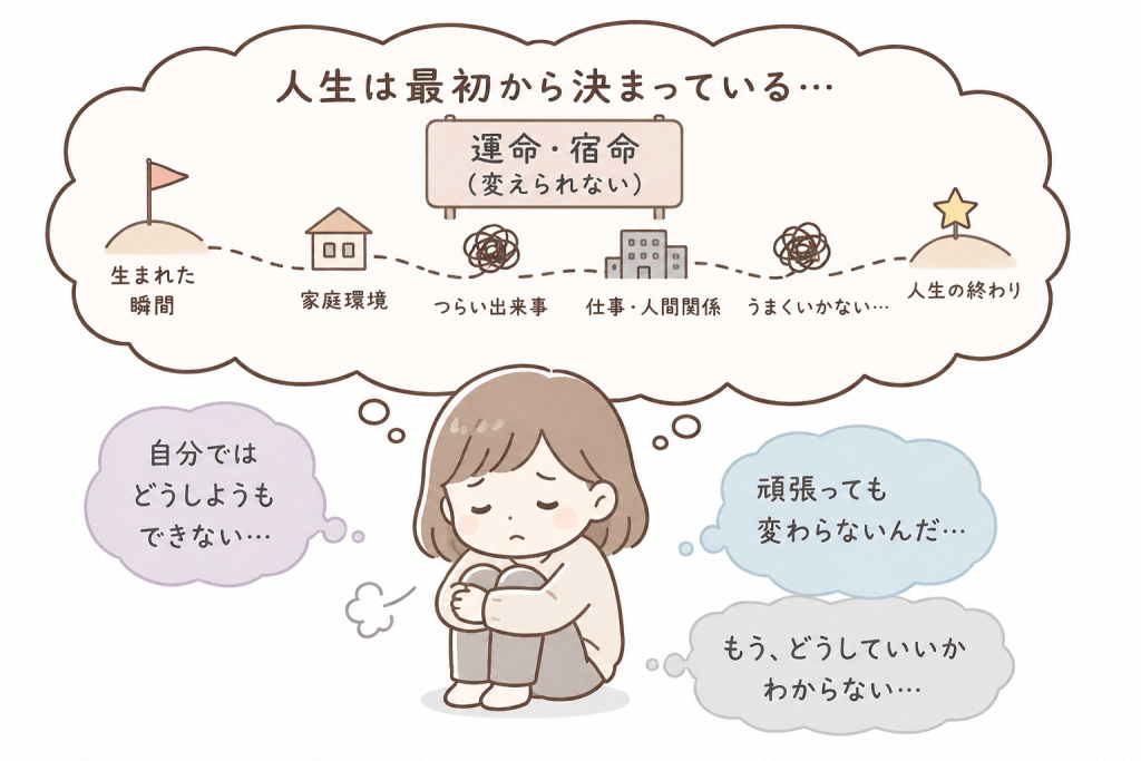 alt="人生は運命や宿命で最初から決まっていて、自分では変えられないと無力感や絶望感を抱えている人物を表したシンプルで可愛い説明イラスト"