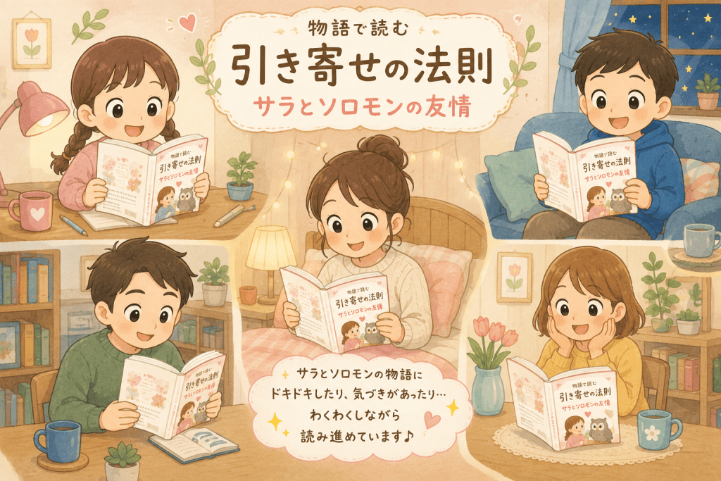 alt="『物語で読む 引き寄せの法則 サラとソロモンの友情』を、それぞれの部屋でわくわくしながら読んでいる男女のシンプルで可愛いイラスト"