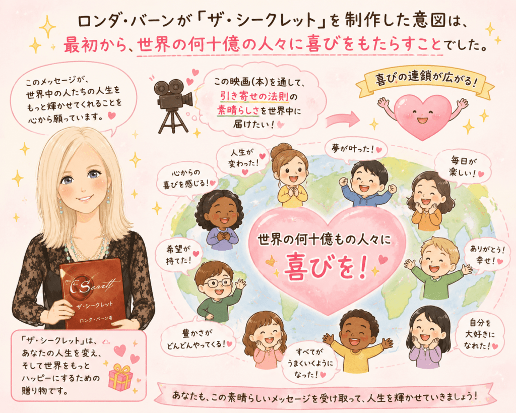 alt="ロンダ・バーンが『ザ・シークレット』を通して、世界中の人々に喜びと希望を届けたいという思いを込めて制作したことを表現したシンプルで可愛いイラスト"
