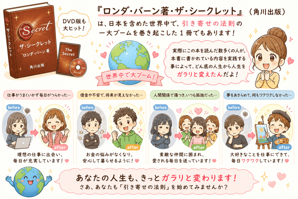 alt="『ザ・シークレット』が世界中で引き寄せの法則ブームを巻き起こし、本書を実践した多くの人が人生を大きく変えたことを紹介するシンプルで可愛いイラスト"