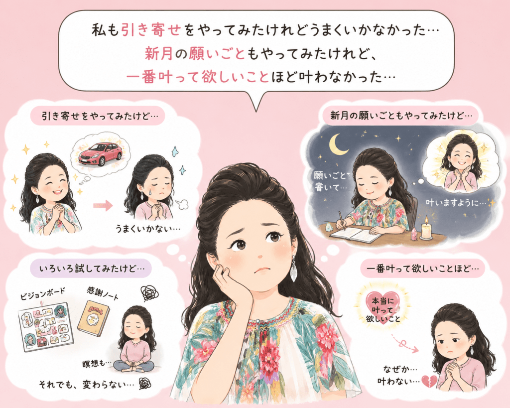 alt="著者・大木ゆきのさんが、引き寄せの法則や新月の願いごとを実践しても、一番叶えてほしい願いほど叶わなかった自身の体験を振り返るシンプルで可愛いイラスト"