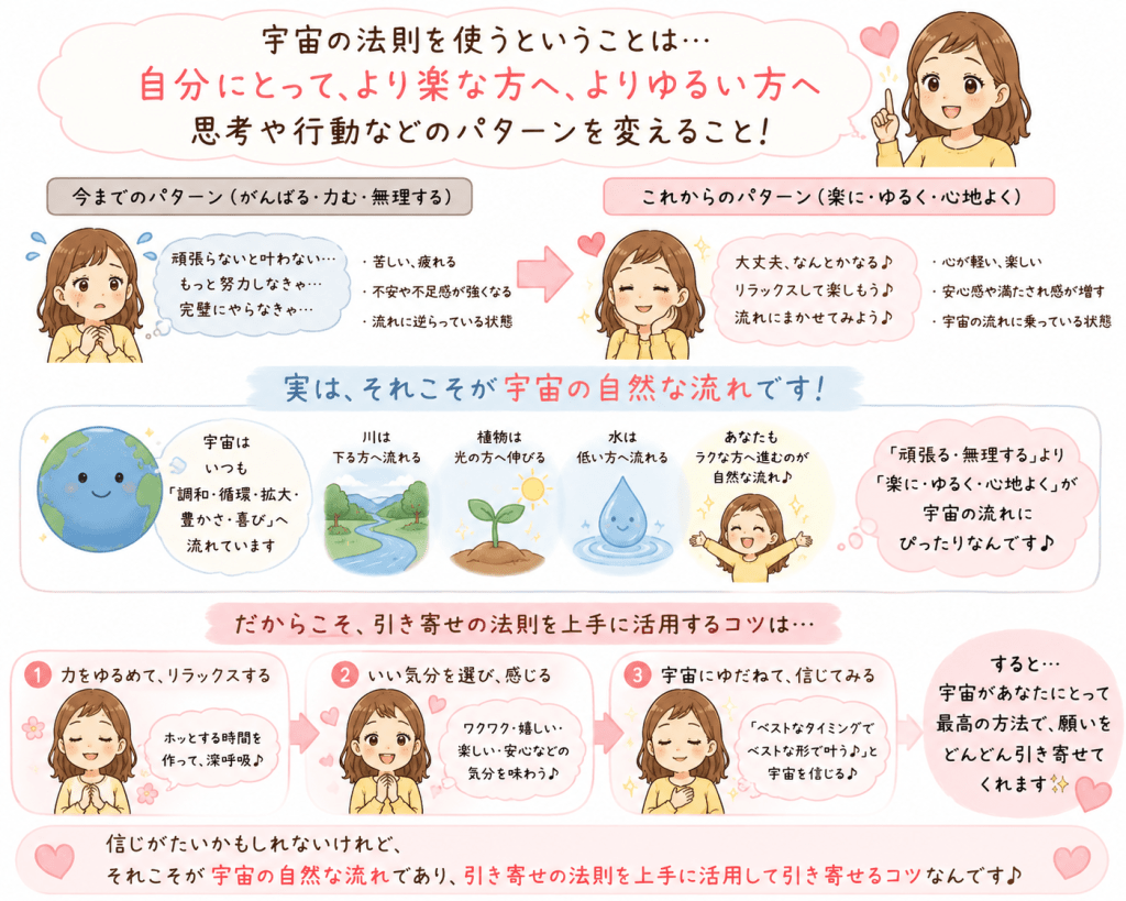 alt="引き寄せの法則で願いを叶えるには、自分にとってより楽でゆるい思考や行動を選び、宇宙の自然な流れに身を任せることが大切であり、それが願望実現のコツであることをわかりやすく解説したシンプルで可愛いイラスト"