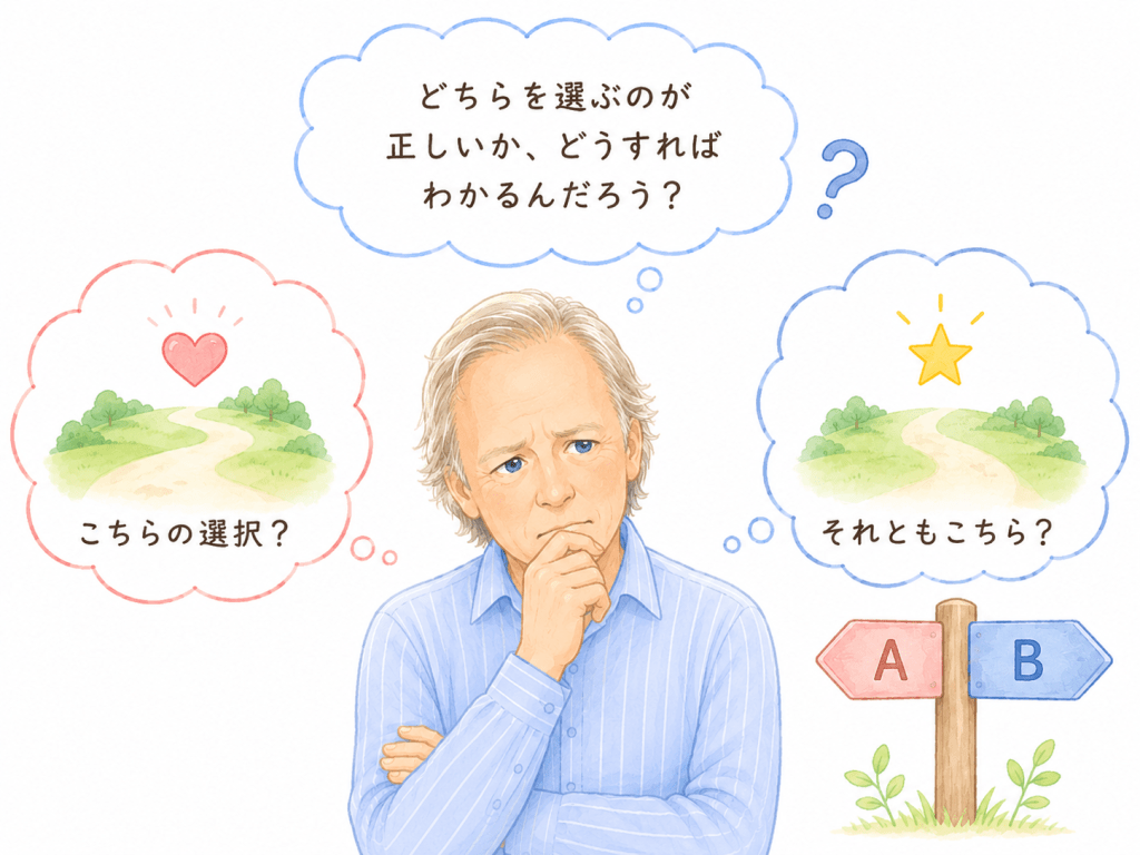 alt="人生の選択で「どちらを選ぶのが正しいのか」と悩む著者(アラン・コーエンさん)の心情を表したイラスト"